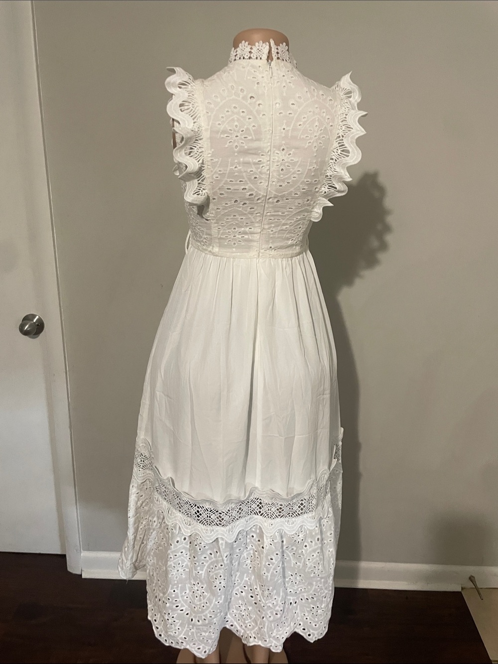 White Lace Eyelet Midi Dress - Feminine Ruffled Sleeves - Picture 2 of 2